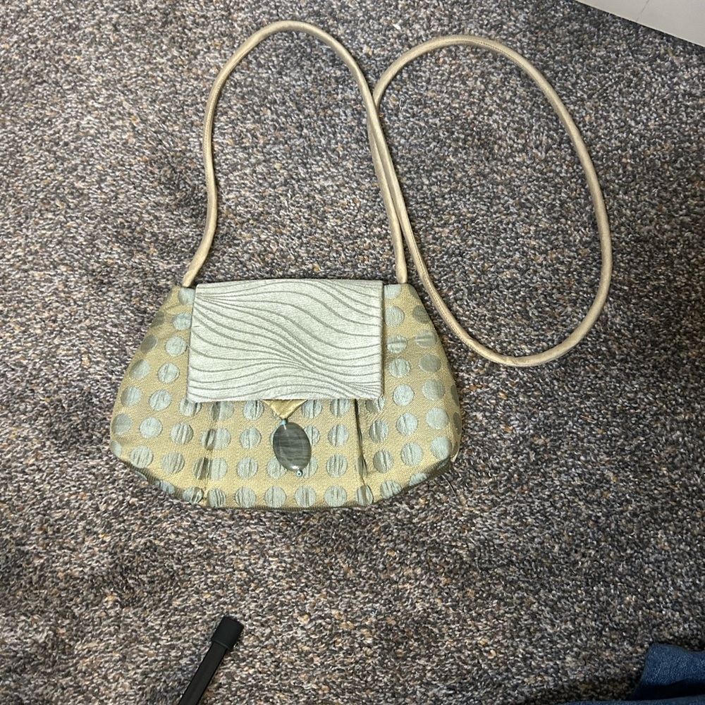 L O’Neill Vintage Green Gold & Cream Women's Purse Beaded Accent Crossbody